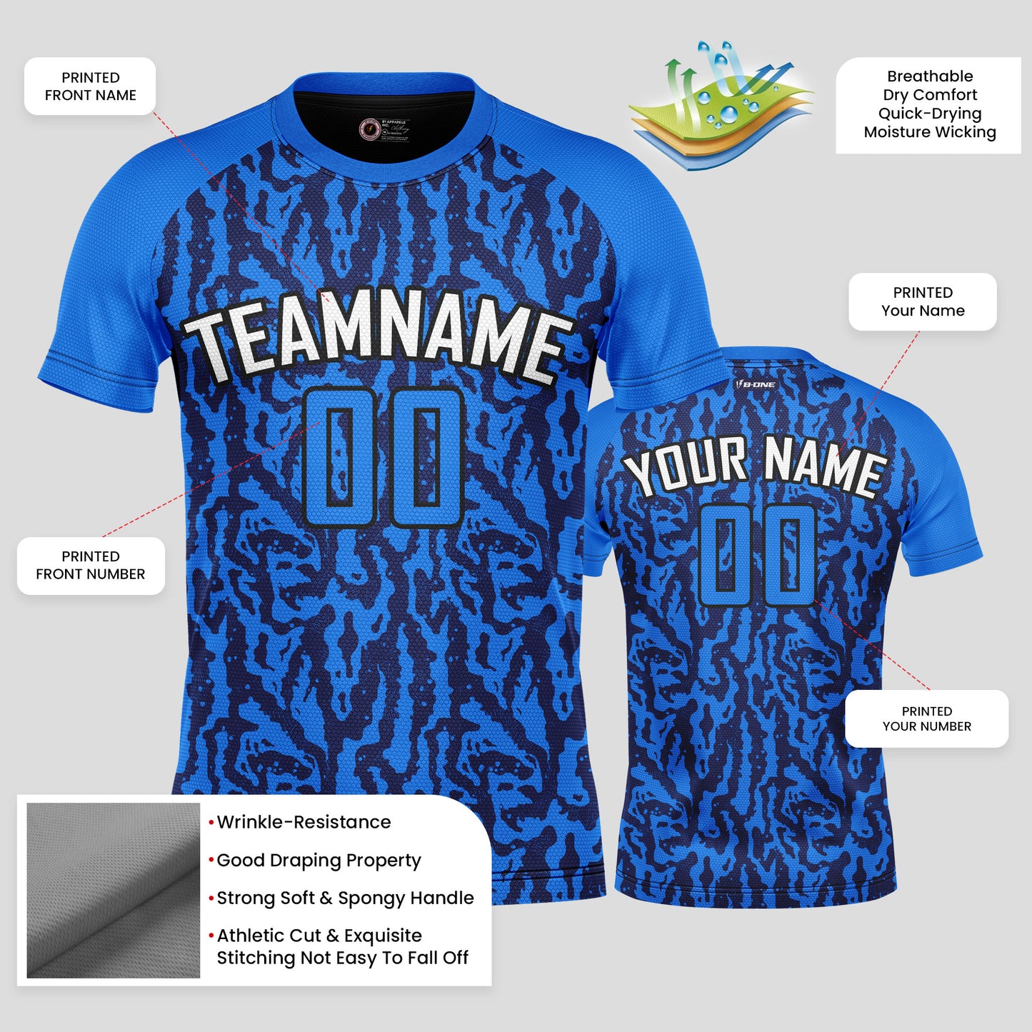 Custom Blue Soccer Jerseys with Personalized Team Numbers