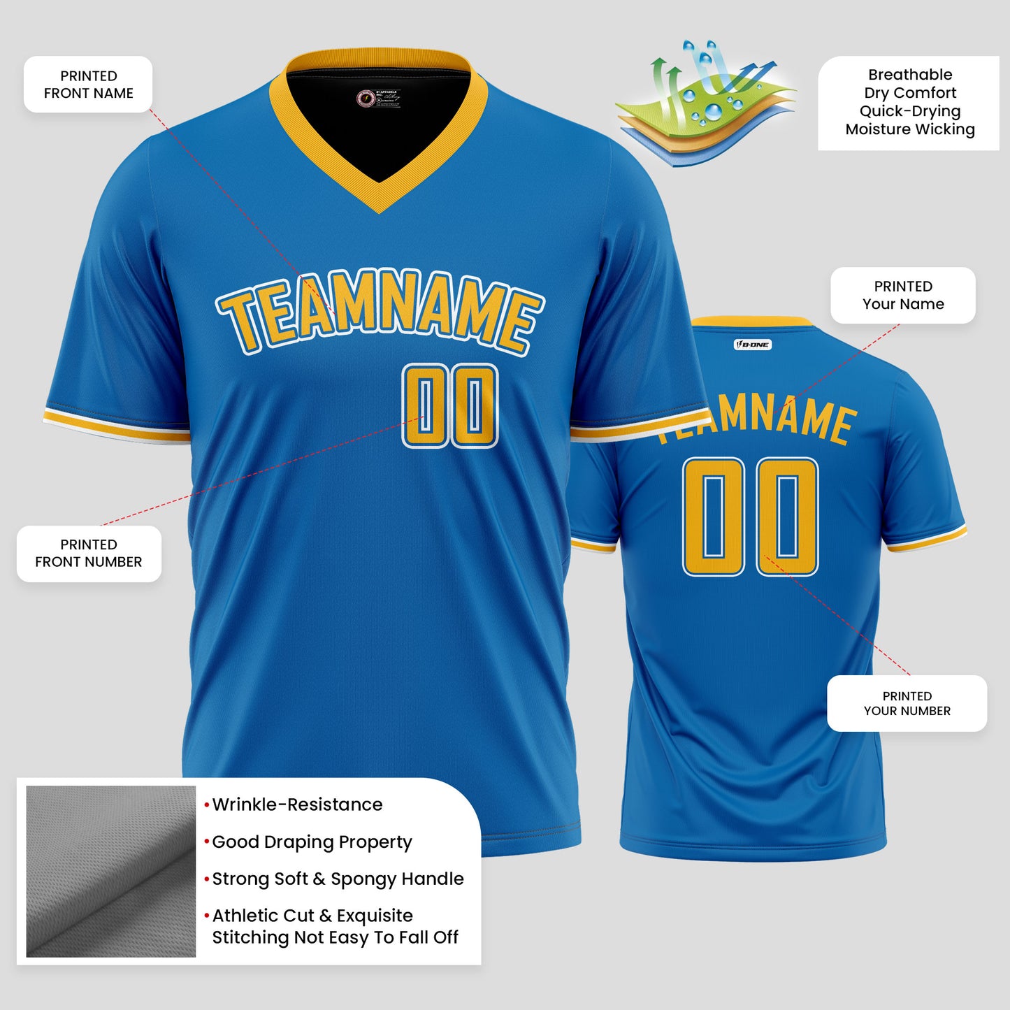 Custom Team Number Blue and Yellow High-Performance Athletic Jerseys