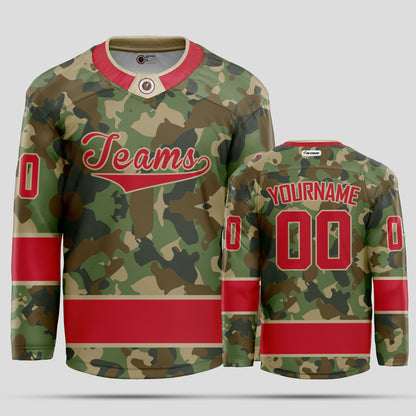 Custom Team Number Red Camo Hockey Jersey - Personalized & Durable