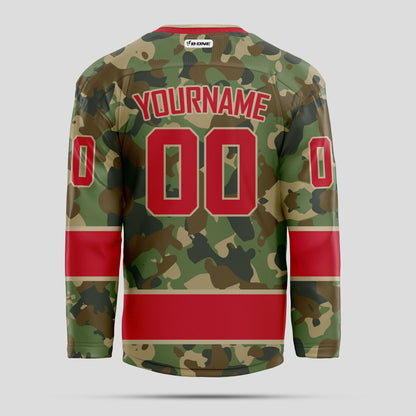 Custom Team Number Red Camo Hockey Jersey - Personalized & Durable