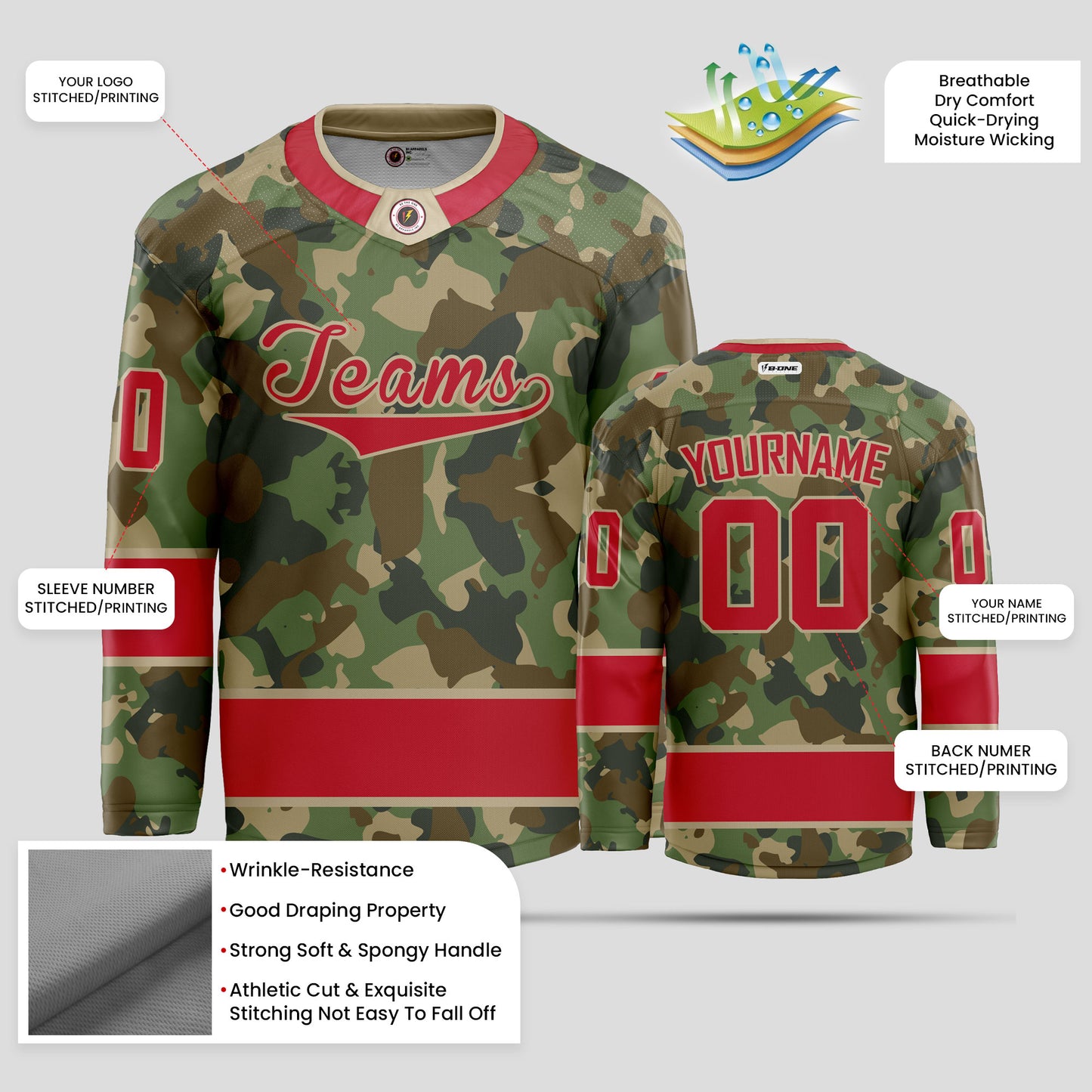 Custom Team Number Red Camo Hockey Jersey - Personalized & Durable