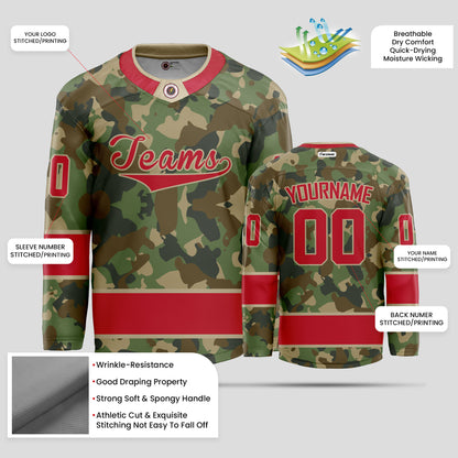 Custom Team Number Red Camo Hockey Jersey - Personalized & Durable