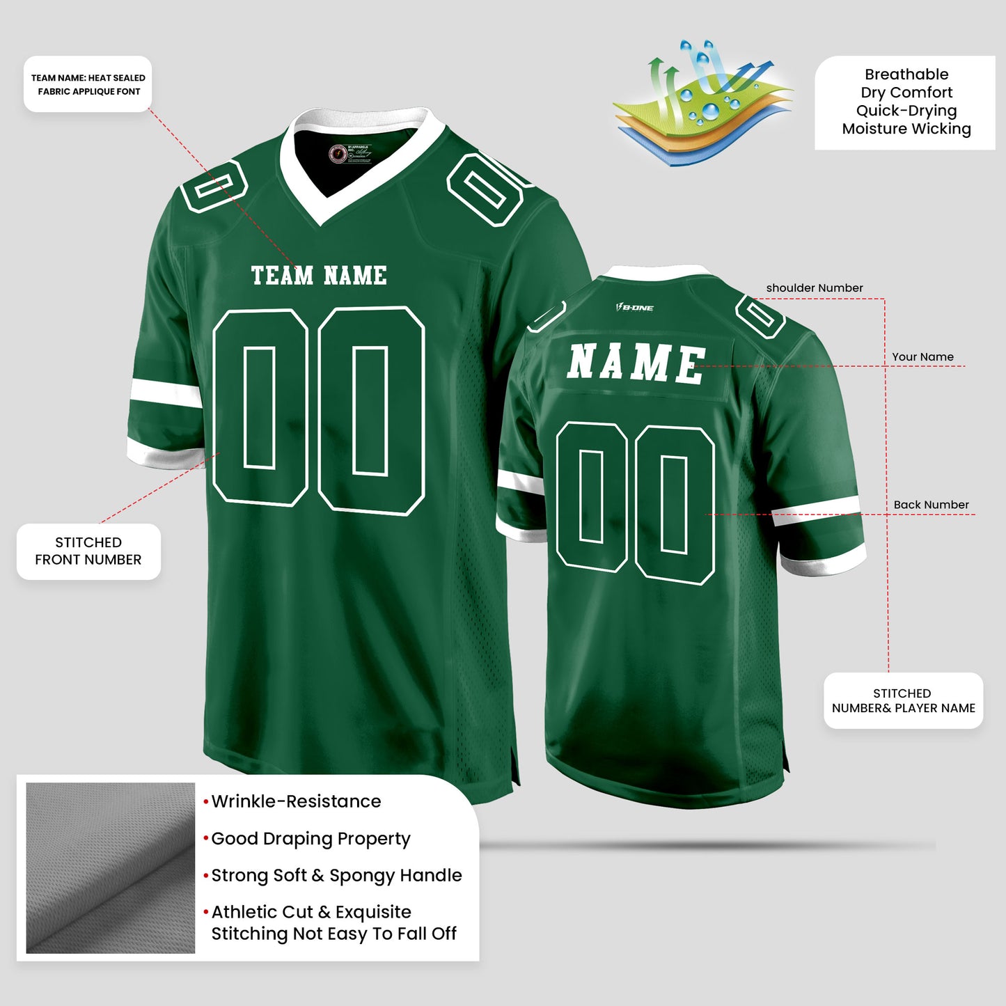 Custom Team Number Green and White Football Jersey with Personalized Design