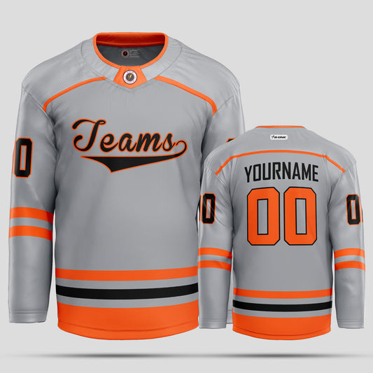 Custom Team Number Grey, Orange, and Black Hockey Jersey – Personalized Performance Gear