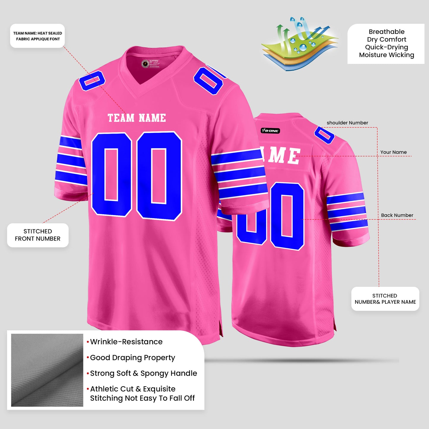 Custom Light Pink and Navy Blue Football Jersey with Team Number – Personalized for Your Squad