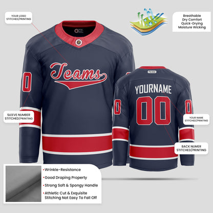 Custom Team Number Navy Blue and Red Hockey Jersey - Personalized Teamwear