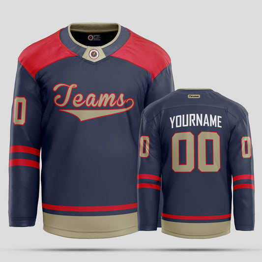 Custom Team Number Navy Blue, Red, and Light Brown Hockey Jersey - Personalized Team Apparel