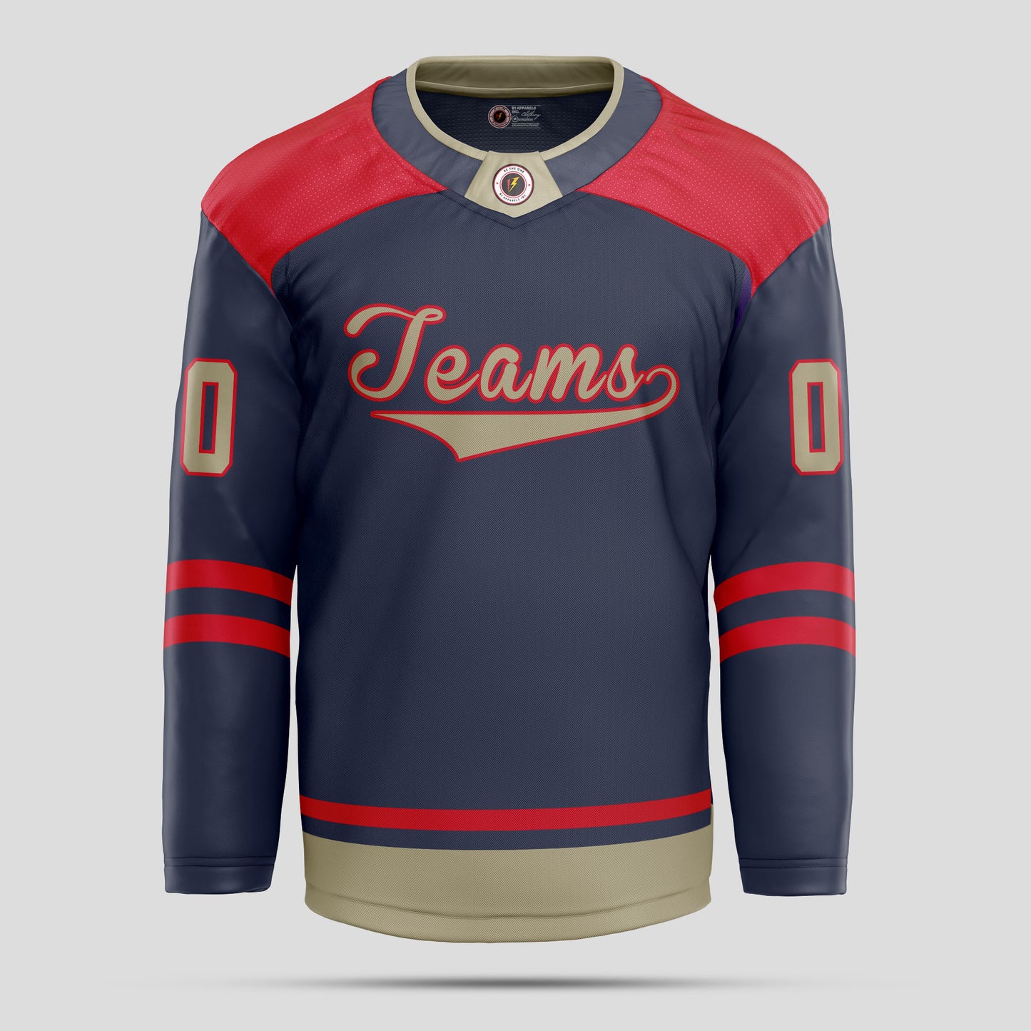 Custom Team Number Navy Blue, Red, and Light Brown Hockey Jersey - Personalized Team Apparel