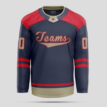 Custom Team Number Navy Blue, Red, and Light Brown Hockey Jersey - Personalized Team Apparel