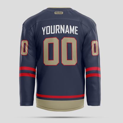 Custom Team Number Navy Blue, Red, and Light Brown Hockey Jersey - Personalized Team Apparel