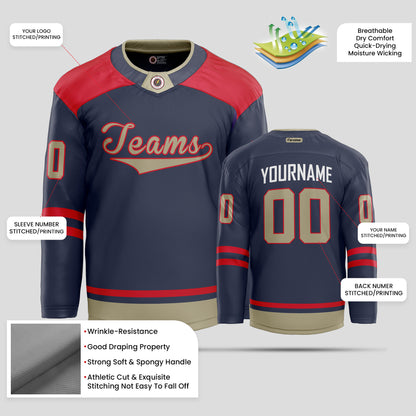 Custom Team Number Navy Blue, Red, and Light Brown Hockey Jersey - Personalized Team Apparel