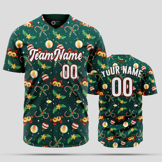 Custom Navy & Green 3D Christmas Baseball Jersey with Team Number