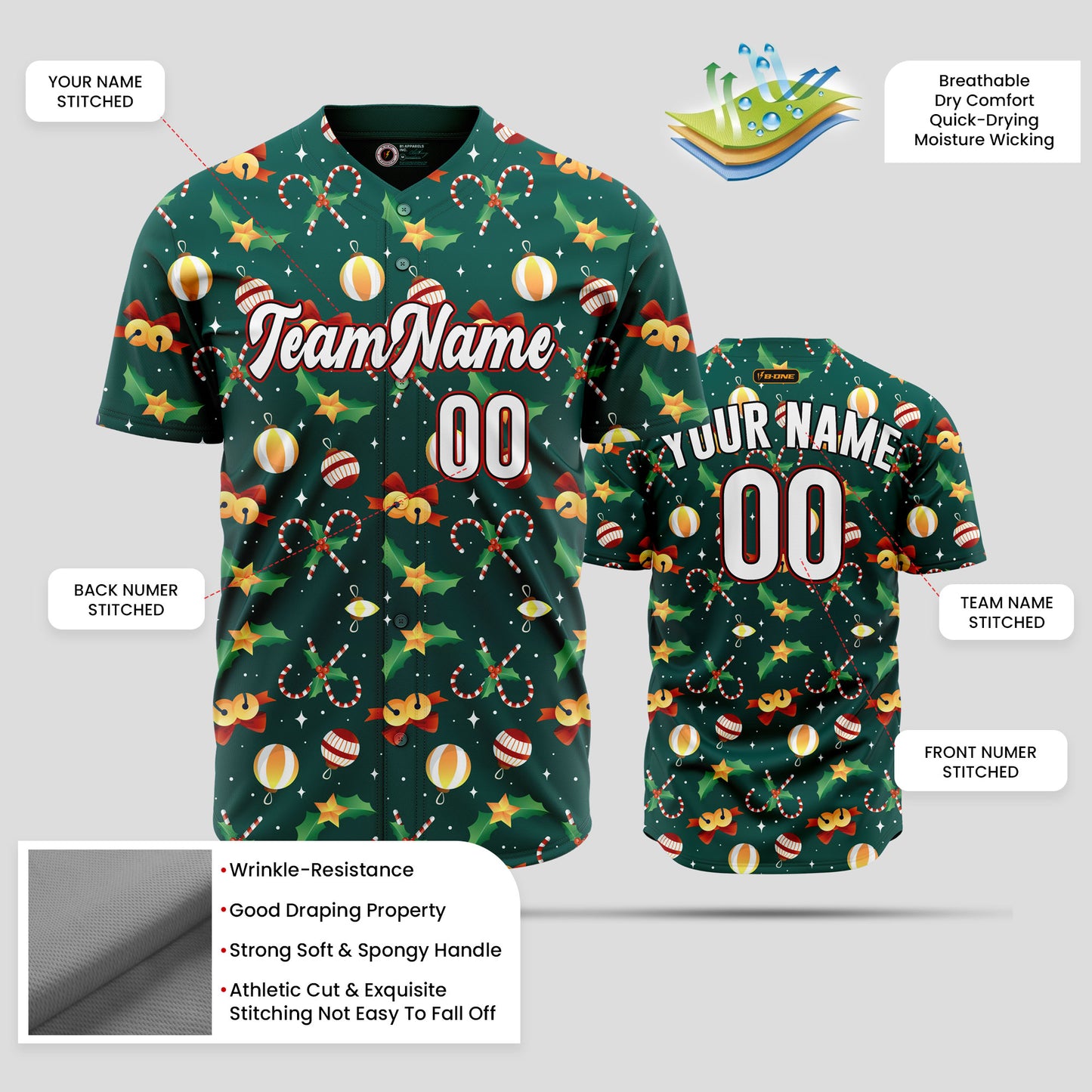 Custom Navy & Green 3D Christmas Baseball Jersey with Team Number