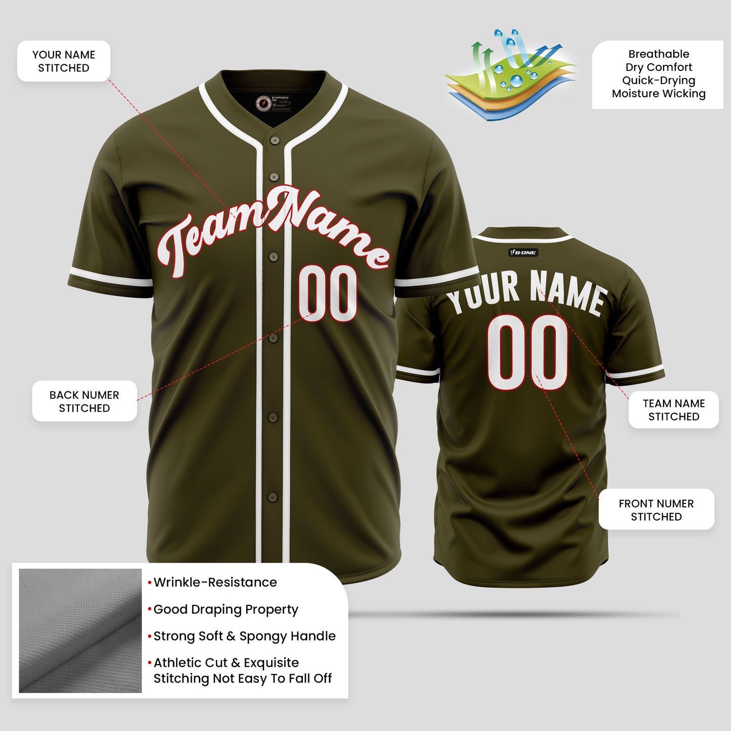 Custom Olive, White, and Red Baseball Jersey with Team Number