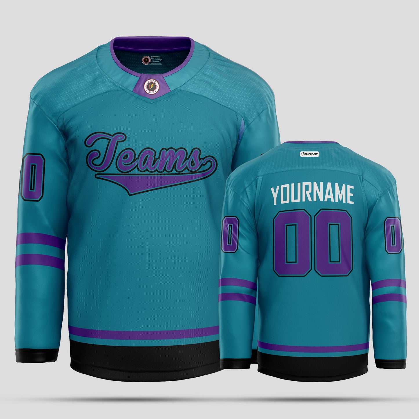 Custom Team Number Teal & Black Hockey Jersey