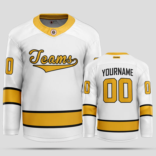 Custom Team Number White, Black, and Yellow Ice Hockey Jersey - Premium Quality & Personalized