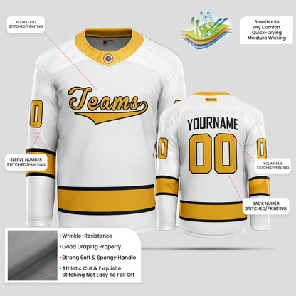 Custom Team Number White, Black, and Yellow Ice Hockey Jersey - Premium Quality & Personalized