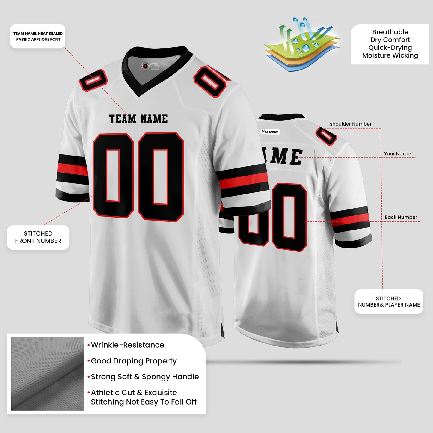 Custom Team Number White, Red, and Black Football Jersey – Personalized Sportswear