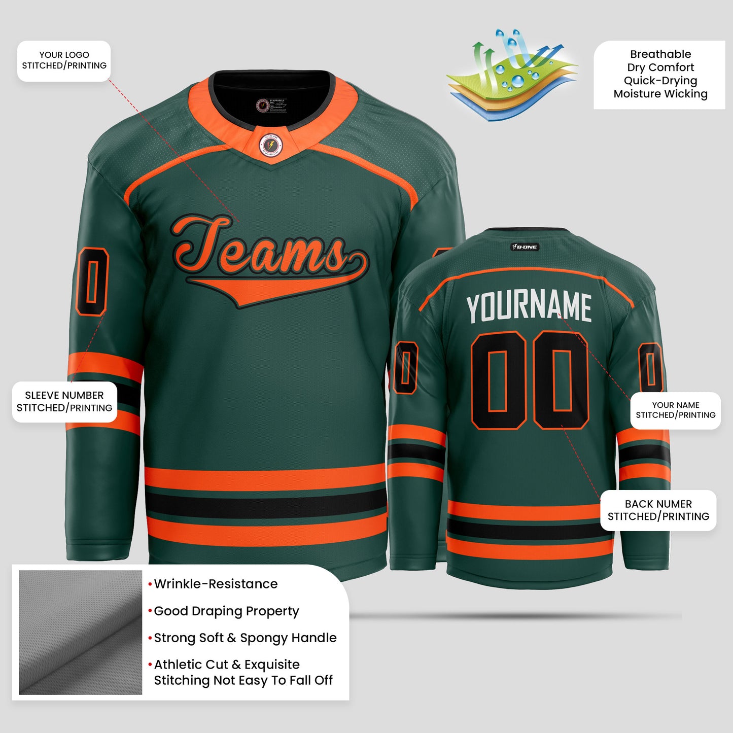 Custom Orange, Black, & Green Quality Hockey Jersey with Team Name Personalization