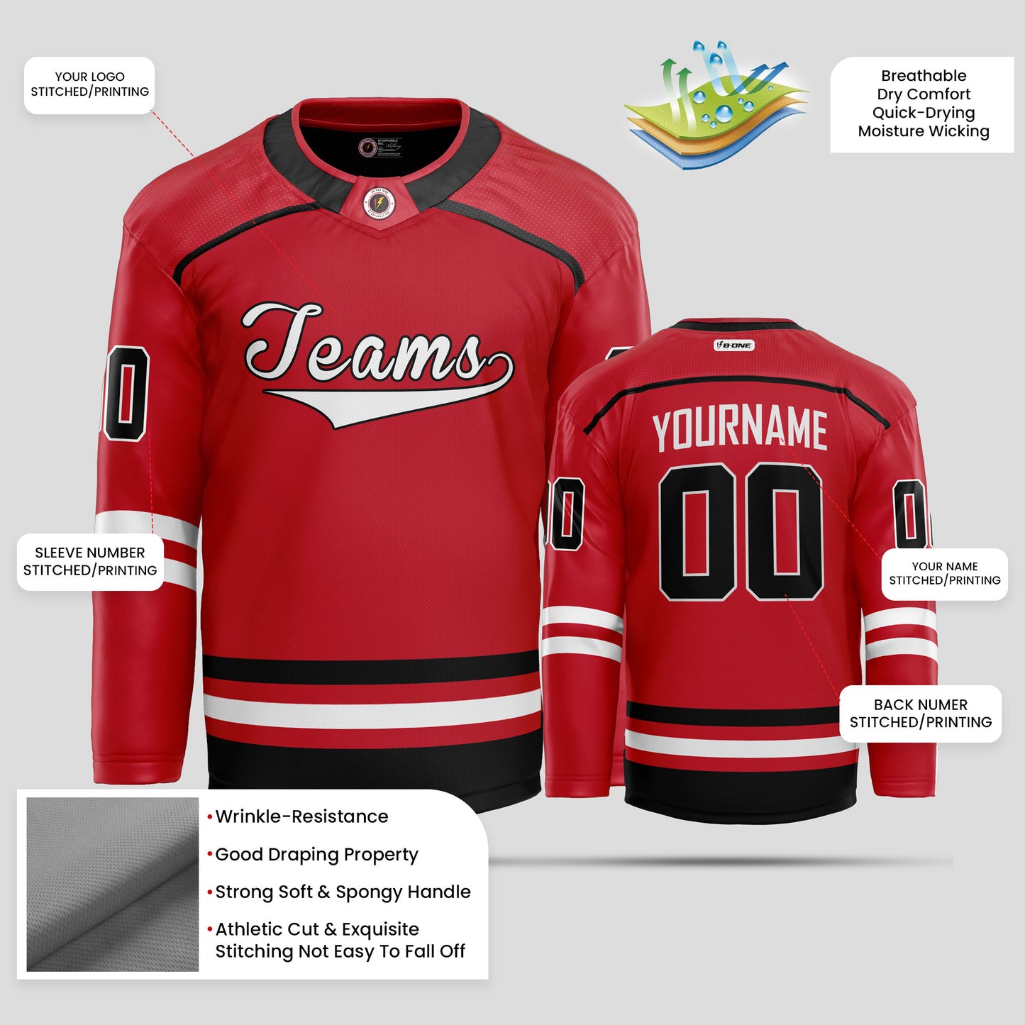 Custom Team Red, Black, and White Hockey Jersey – Personalized Performance Gear