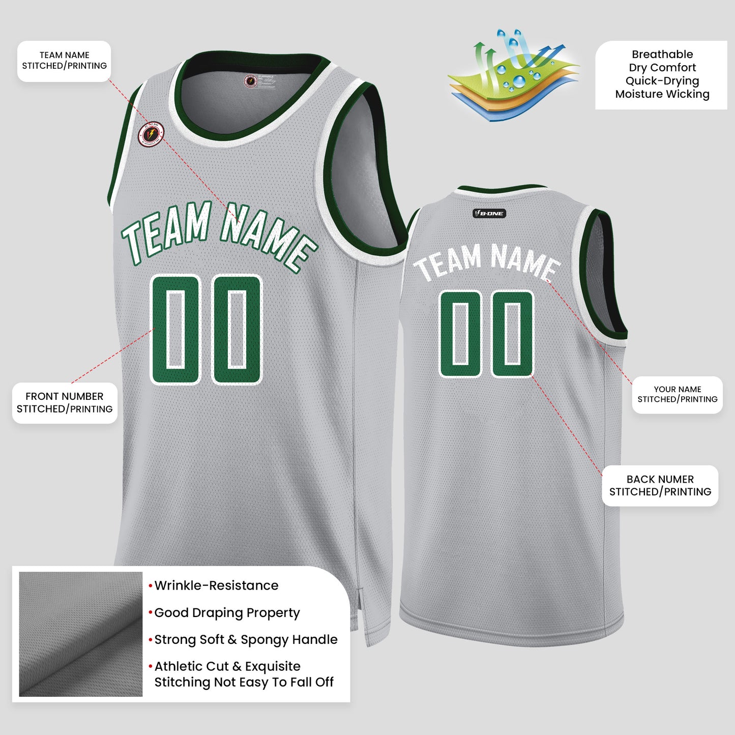 Custom Team Sports Gray and Green Premium Quality Rib Knit Basketball Jersey