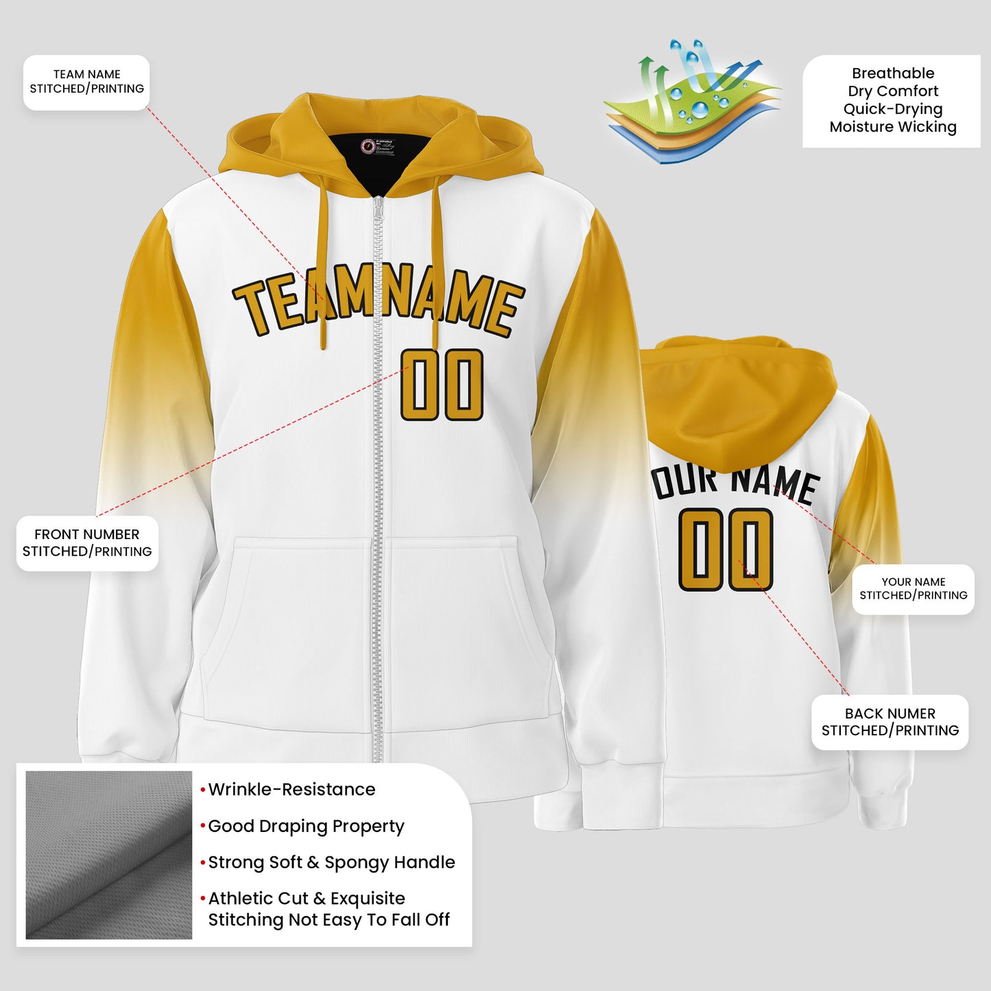 Custom Team Name White and Yellow Pullover Sweatshirts Hoodie