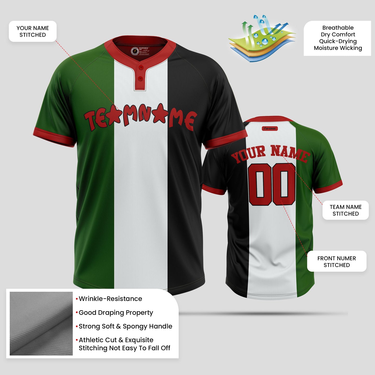 Custom Three-Color Two-Button Baseball Jersey