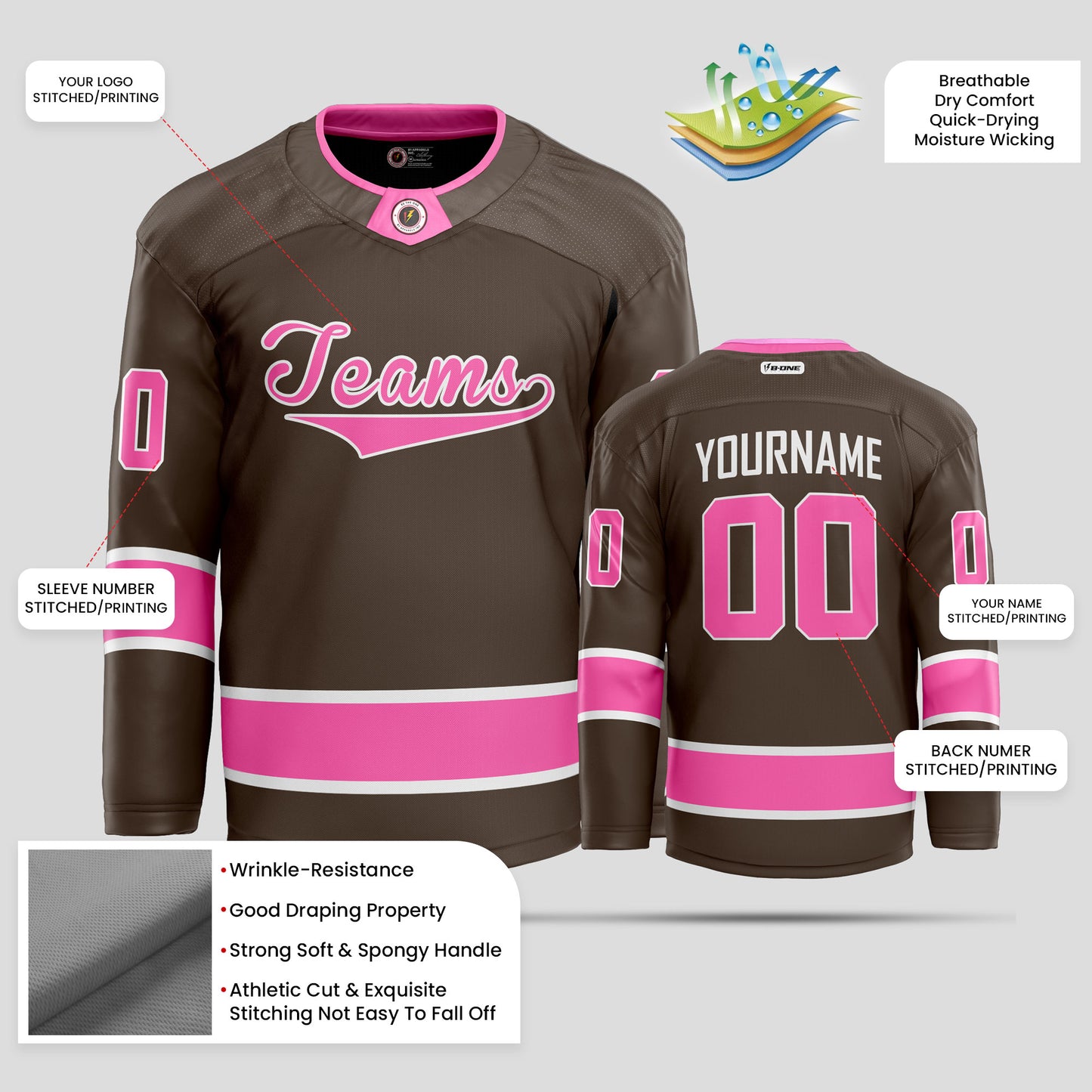 Custom Unisex Brown and Pink Authentic Hockey Jersey