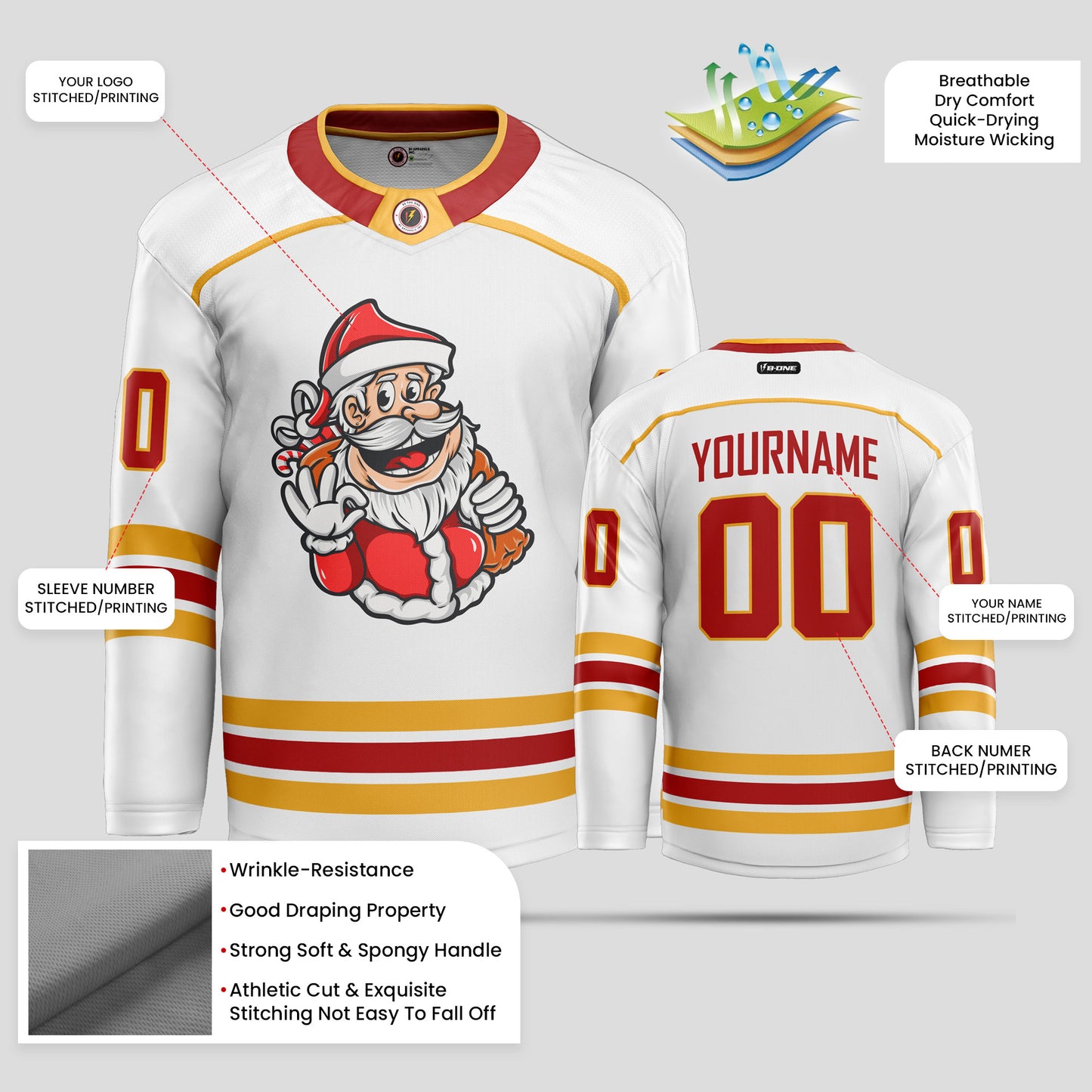 Custom White Christmas Red and Gold Hockey Jersey - Premium Quality & Personalized