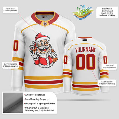 Custom White Christmas Red and Gold Hockey Jersey - Premium Quality & Personalized