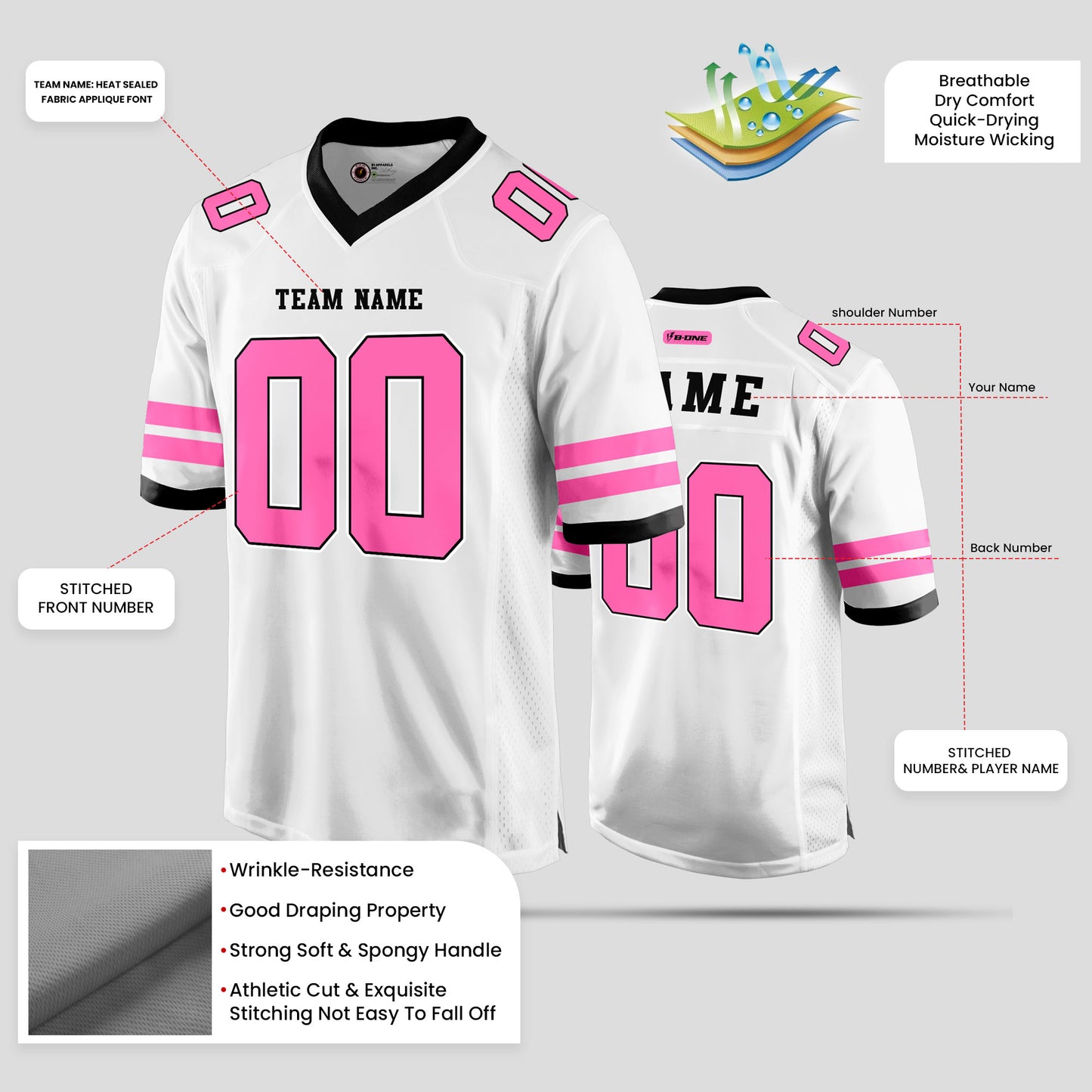 Custom White, Pink, and Black Football Jersey – Personalized Team Gear