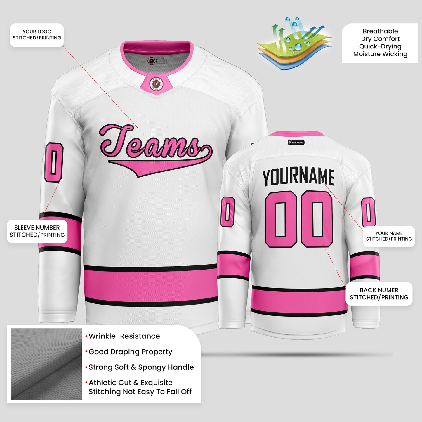 Custom White, Pink, and Black Hockey Jersey - Premium Quality & Personalized