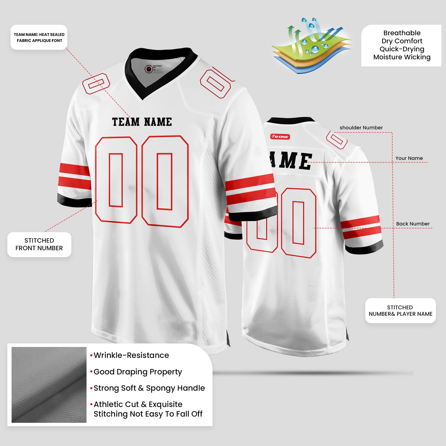 Custom White, Red, and Black Football Jersey – Premium Team Gear