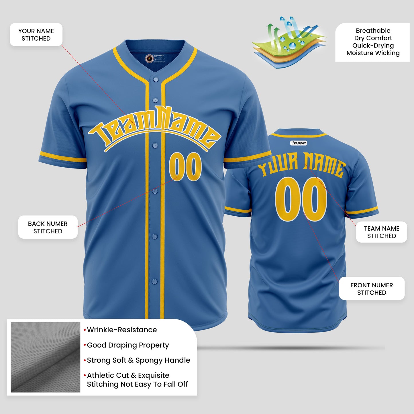 Elite Custom Navy, Light Blue & Yellow Quality Baseball Jersey