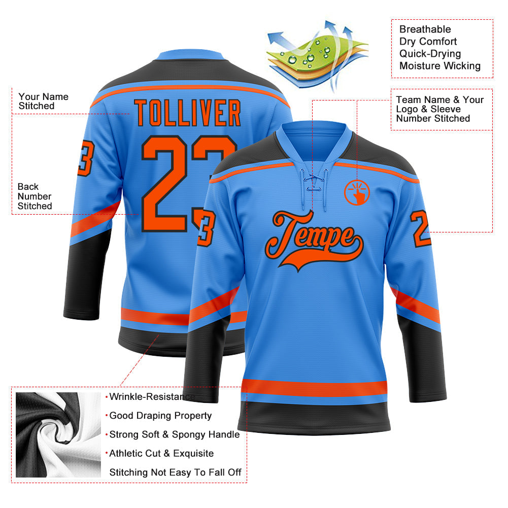 Custom Electric Blue Orange-Black Hockey Lace Neck Jersey