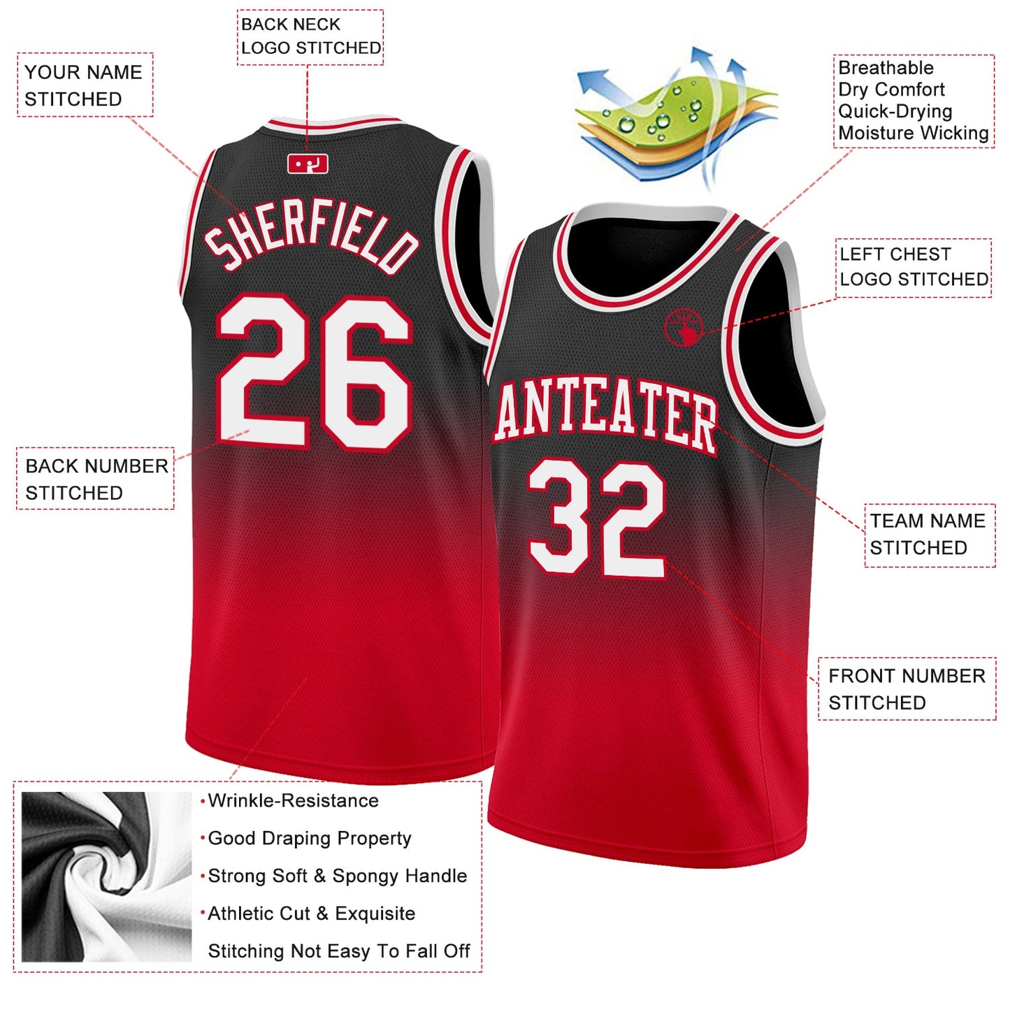 Custom Black White-Red Authentic Fade Fashion Basketball Jersey