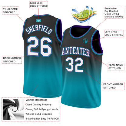 Custom Black White-Teal Authentic Fade Fashion Basketball Jersey