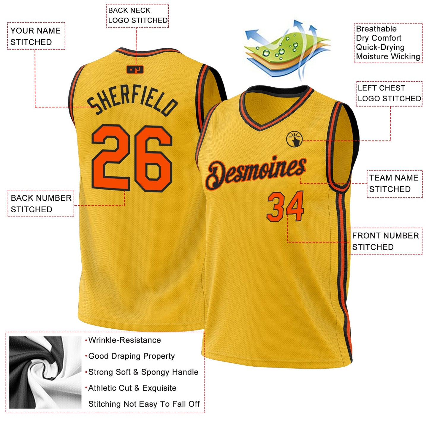 Custom Gold Orange-Black Authentic Throwback Basketball Jersey