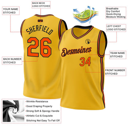 Custom Gold Orange-Black Authentic Throwback Basketball Jersey