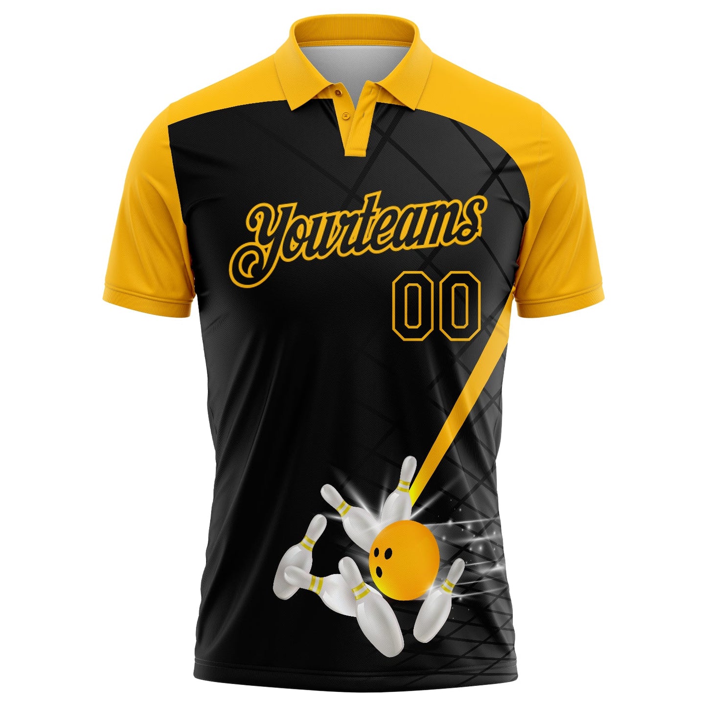 Custom Black Gold 3D Pattern Design Bowling Performance Golf Polo Shirt