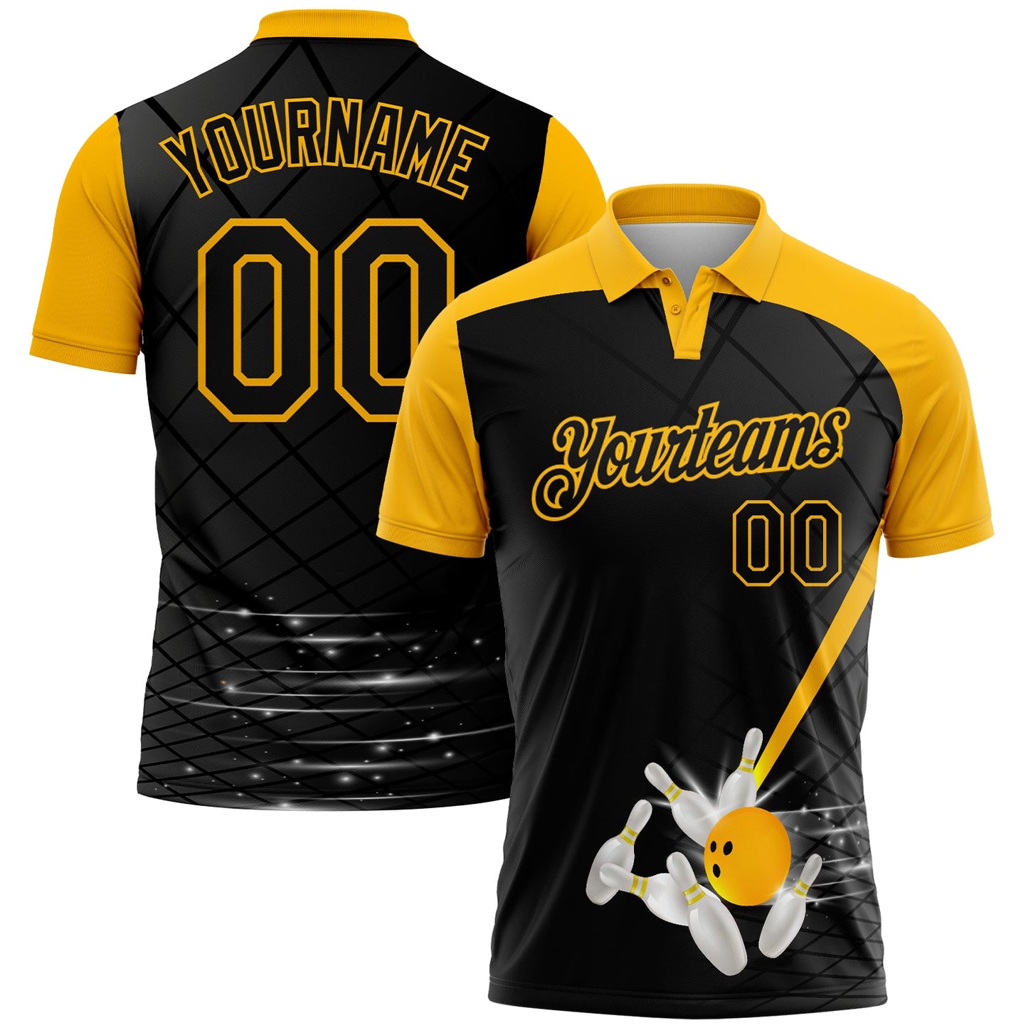 Custom Black Gold 3D Pattern Design Bowling Performance Golf Polo Shirt