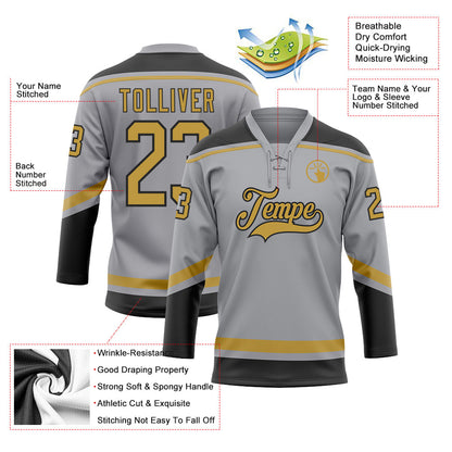 Custom Gray Old Gold-Black Hockey Lace Neck Jersey