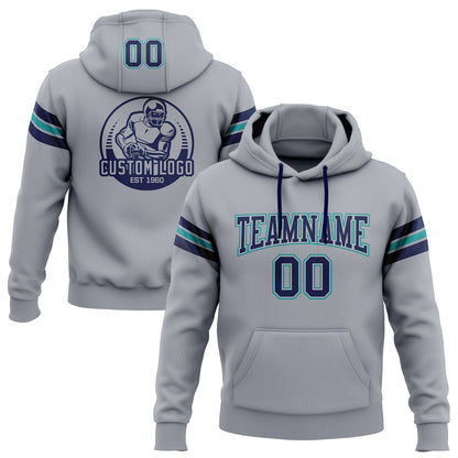 Custom Stitched Gray Navy-Teal Football Pullover Sweatshirt Hoodie