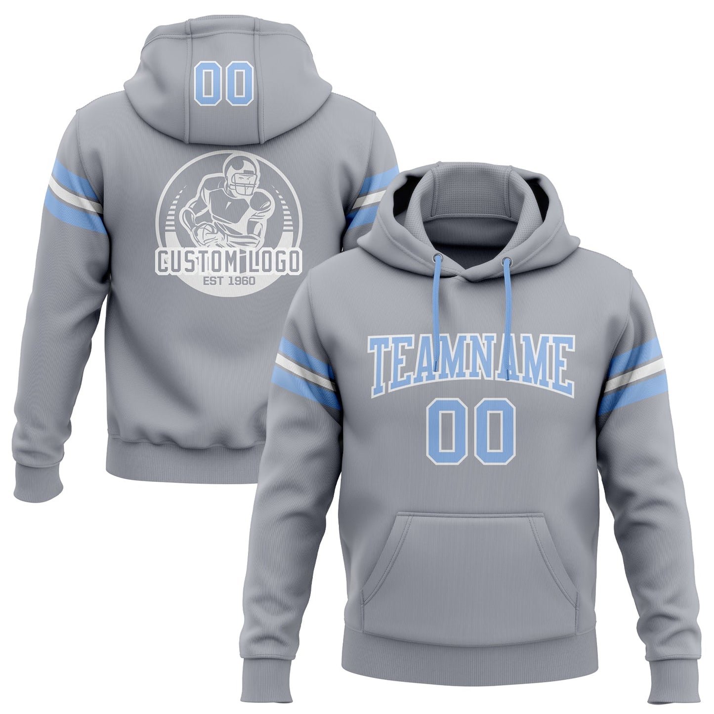 Custom Stitched Gray Light Blue-White Football Pullover Sweatshirt Hoodie