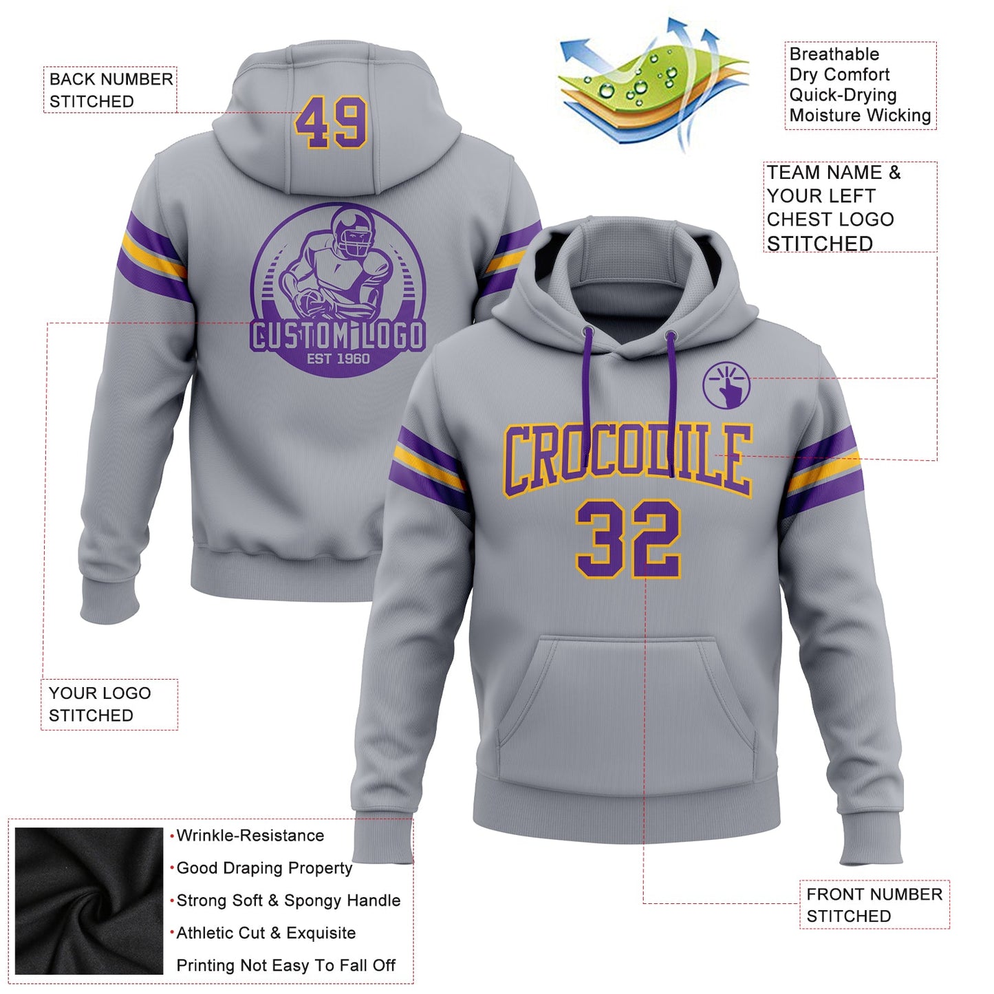 Custom Stitched Gray Purple-Gold Football Pullover Sweatshirt Hoodie