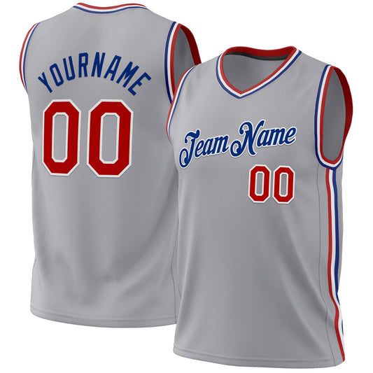 Custom Gray Red-Royal Authentic Throwback Basketball Jersey