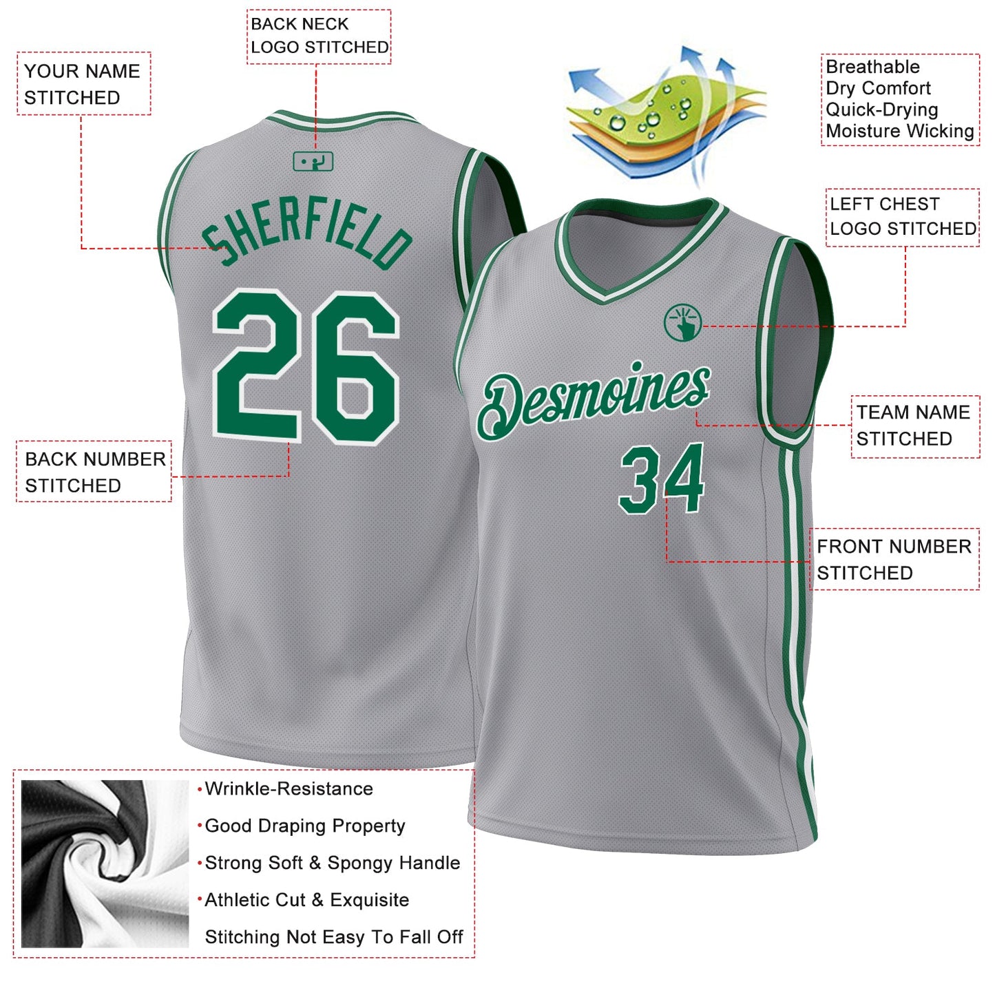 Custom Gray Kelly Green-White Authentic Throwback Basketball Jersey