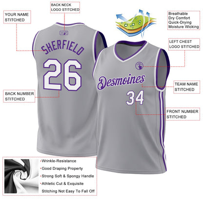 Custom Gray White-Purple Authentic Throwback Basketball Jersey