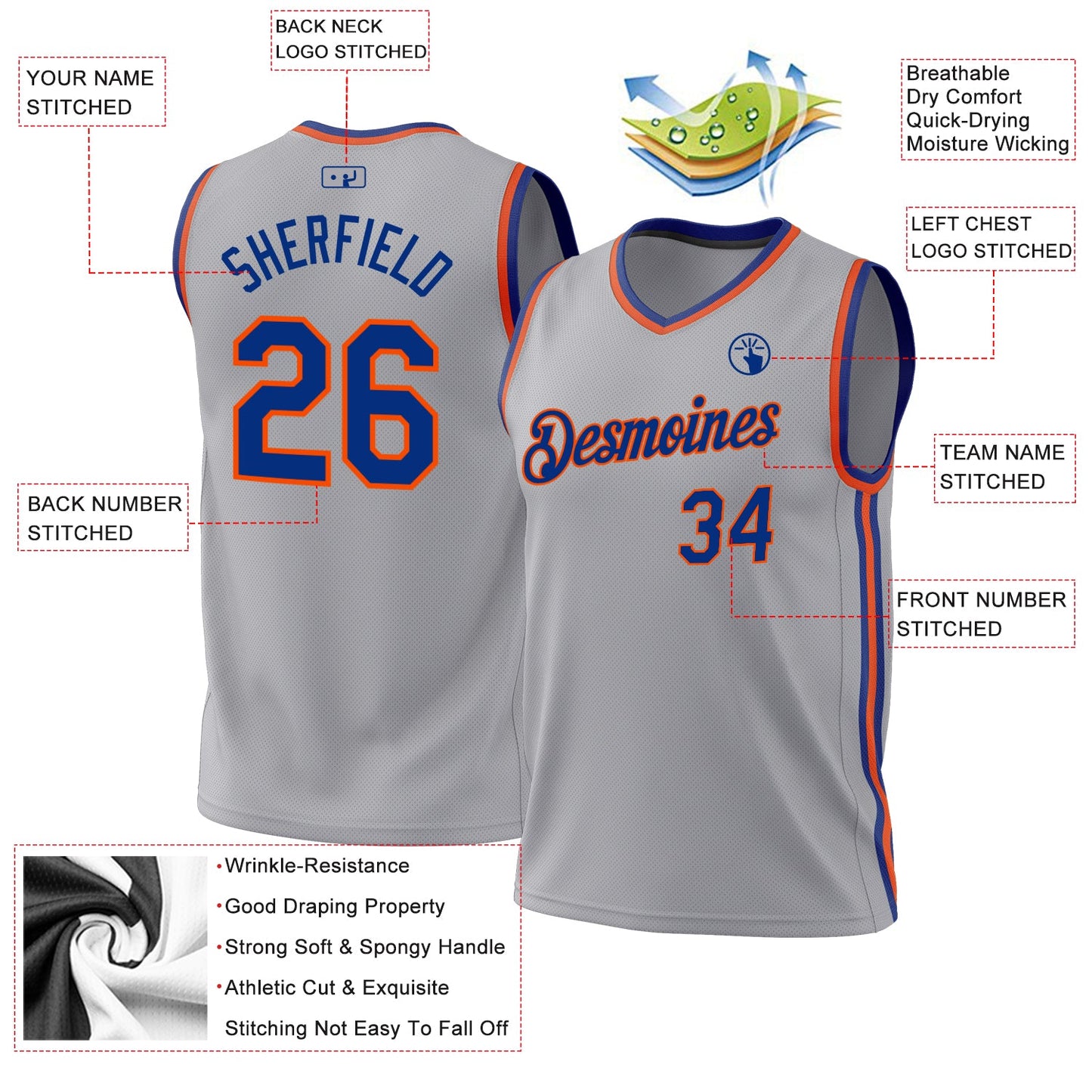 Custom Gray Royal-Orange Authentic Throwback Basketball Jersey