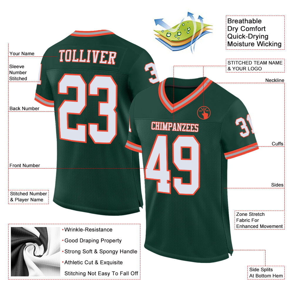 Custom Green White-Orange Mesh Authentic Throwback Football Jersey